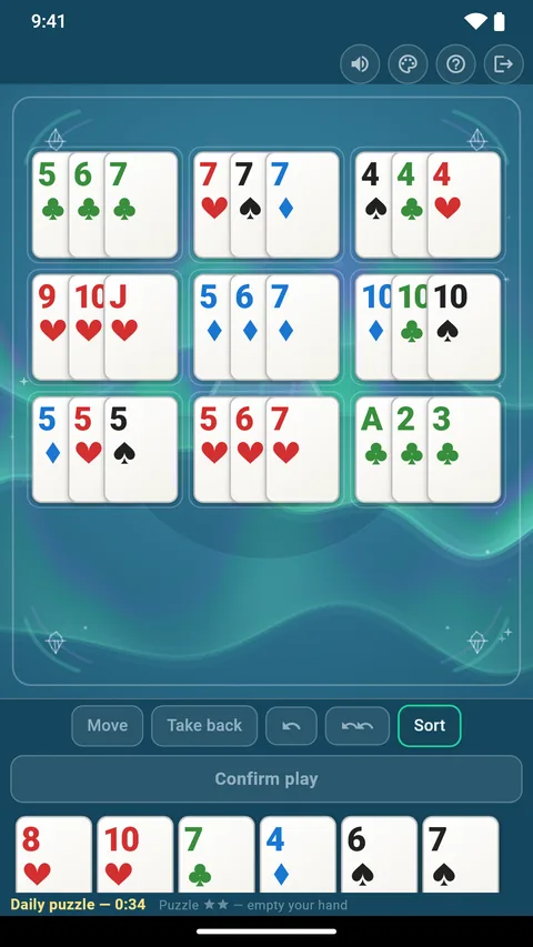 The daily challenge: a table already laid out and six cards in hand to place