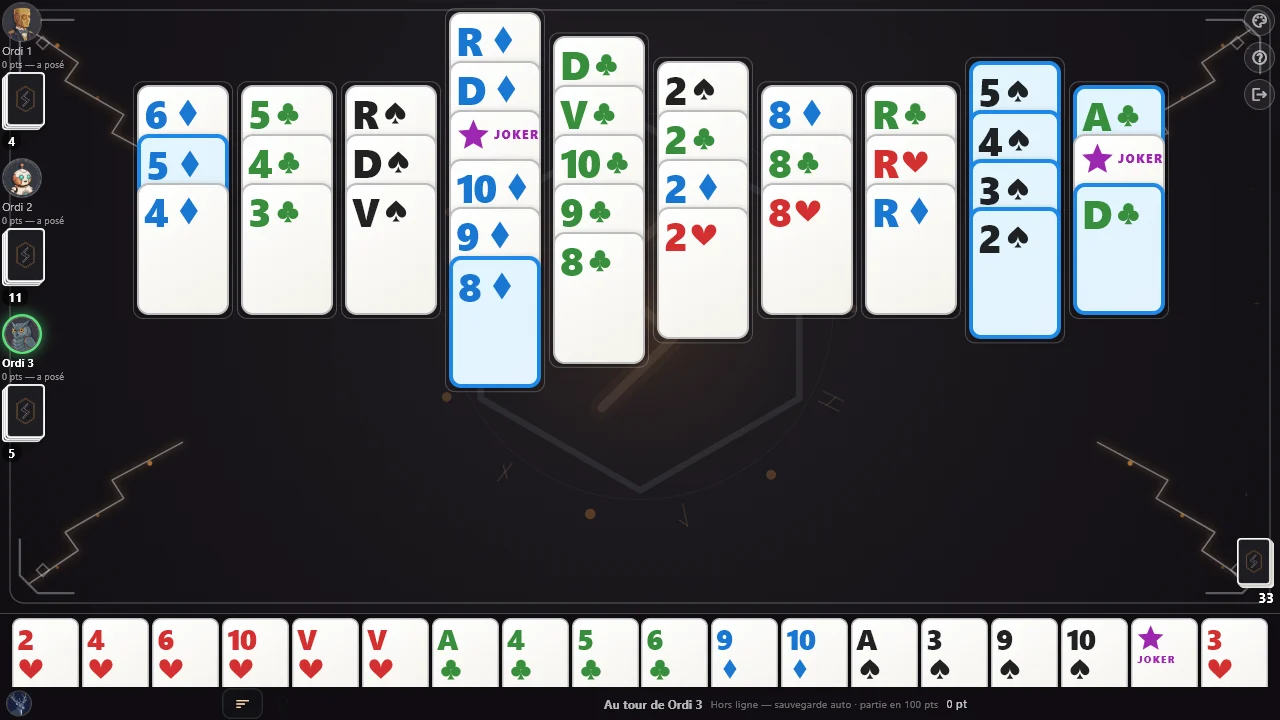 A four-player game in landscape: three opponents on the left, the table in the middle, the hand at the bottom; the cards an opponent has just played are highlighted.