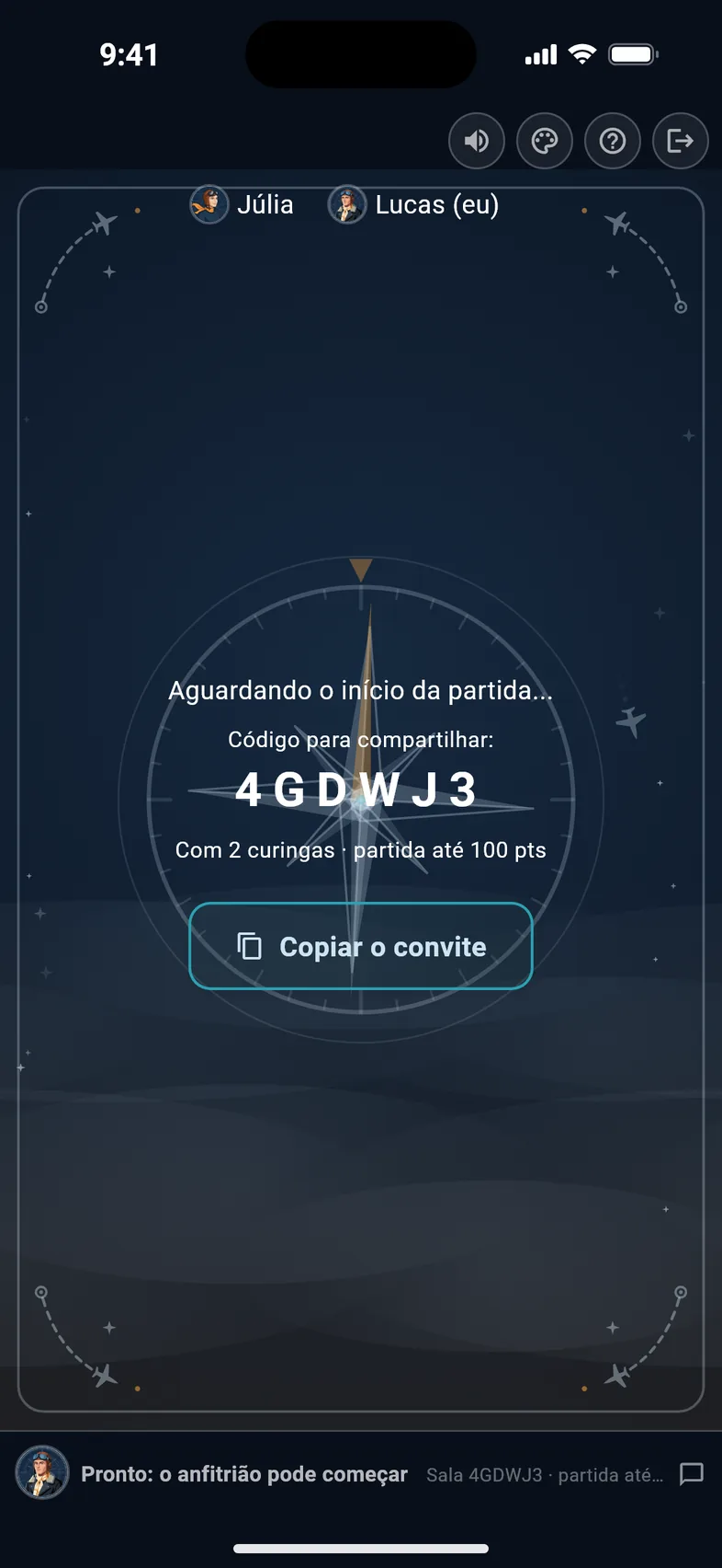 Uma sala privada com amigos, com o código para compartilhar